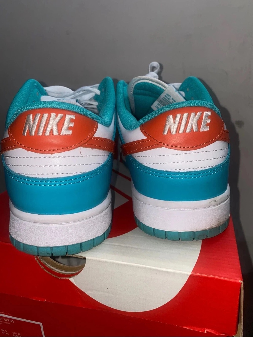 Nike Kids' Dunk Low Retro Sneakers - White/Teal/Orange Miami dolphins Sz 10 - Picture 2 of 7